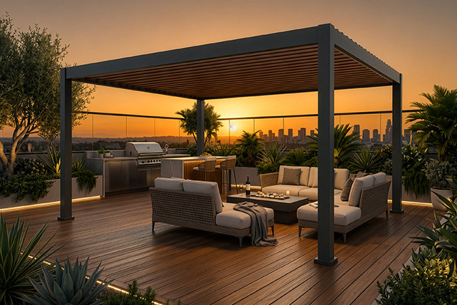 pergola Seesky NEO al tramonto su una terrazza