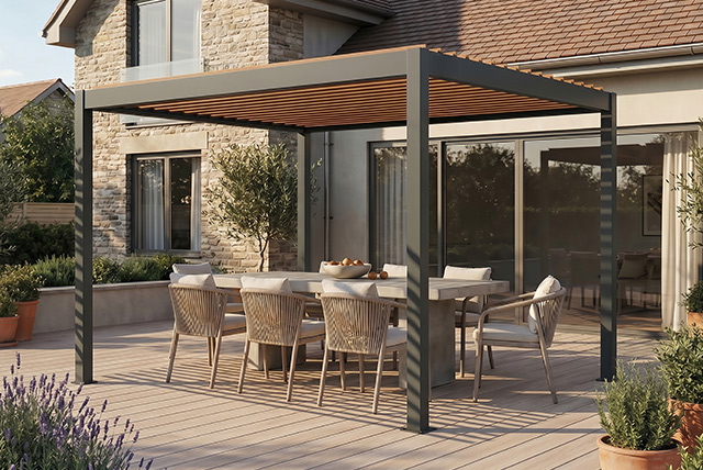 pergola Seesky NEO su una terrazza con tavolo da pranzo